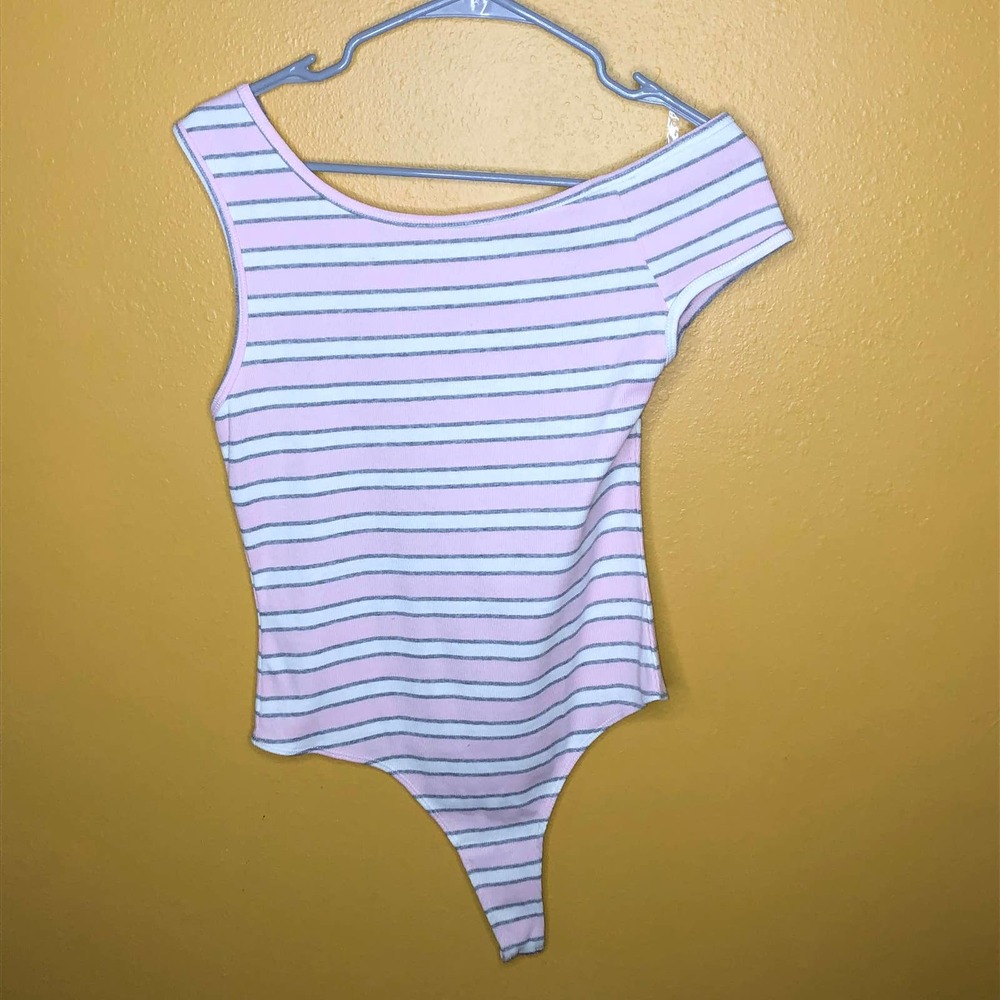American Apparel Pink Gray Striped Off Shoulder Bodysuit New L